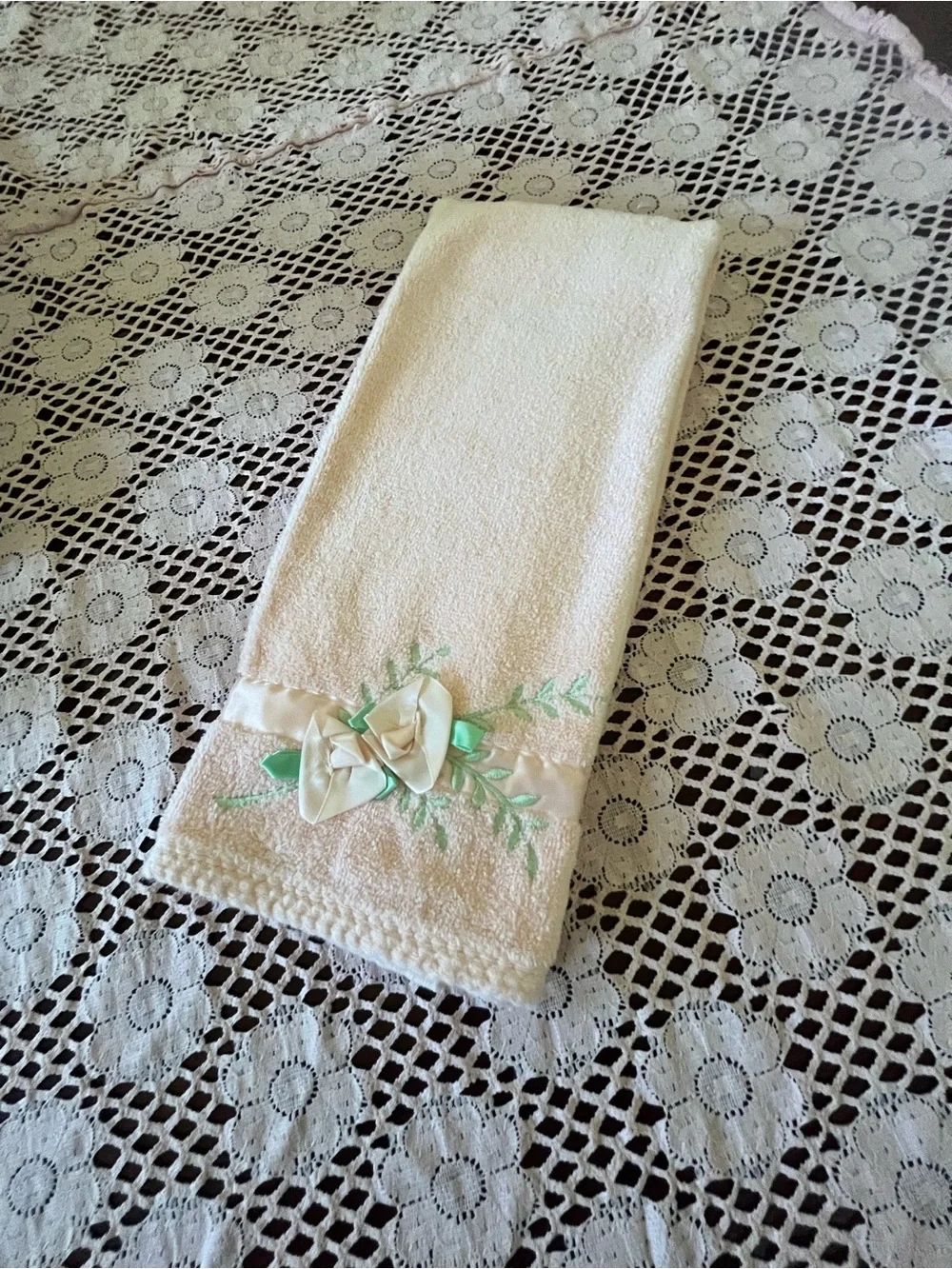 Decorative Cream Hand Towel with Satin Ribbon Rose